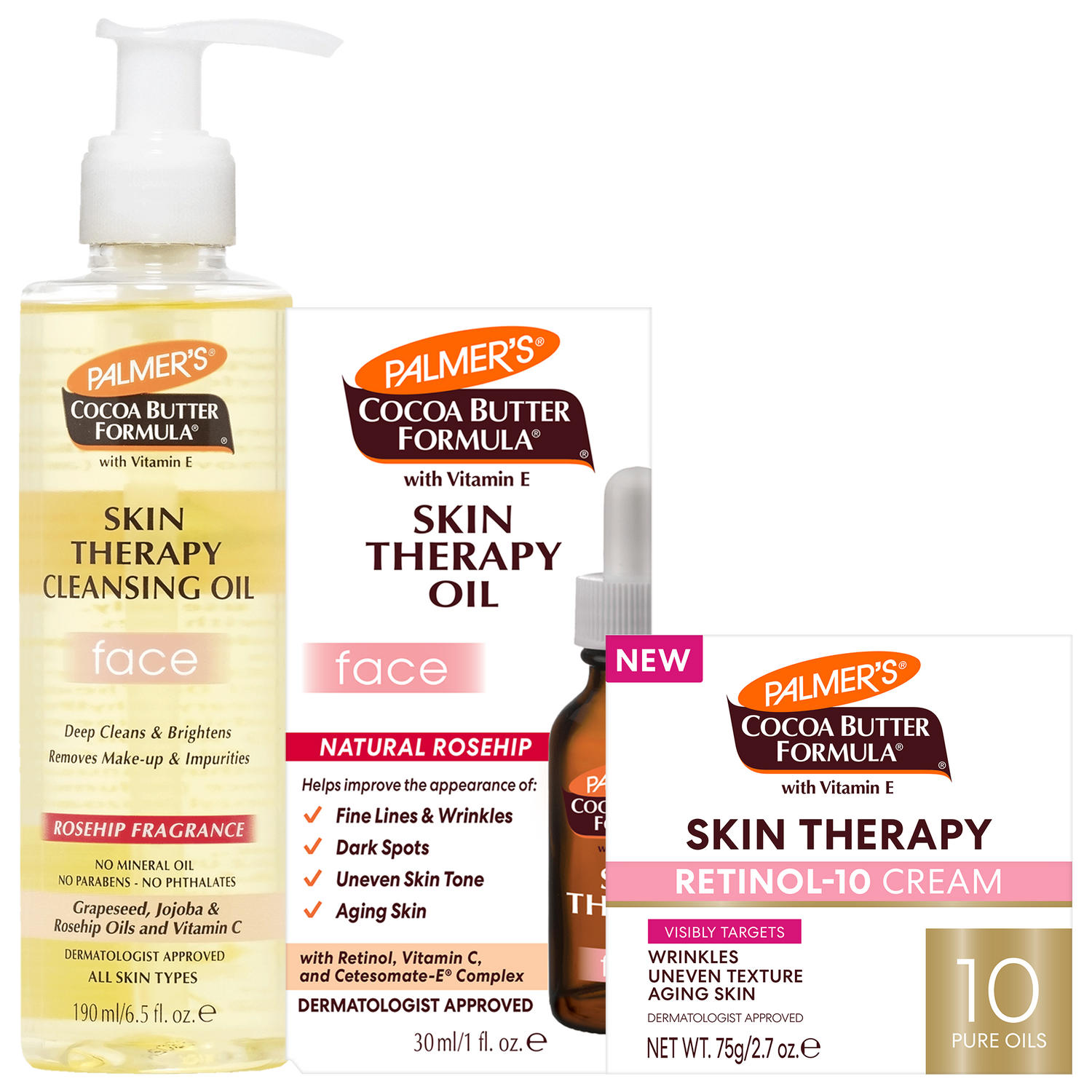 Palmer's Cocoa Butter Formula skincare set featuring a face cleansing oil, a skin therapy facial oil, a retinol-10 cream, all on a white background.