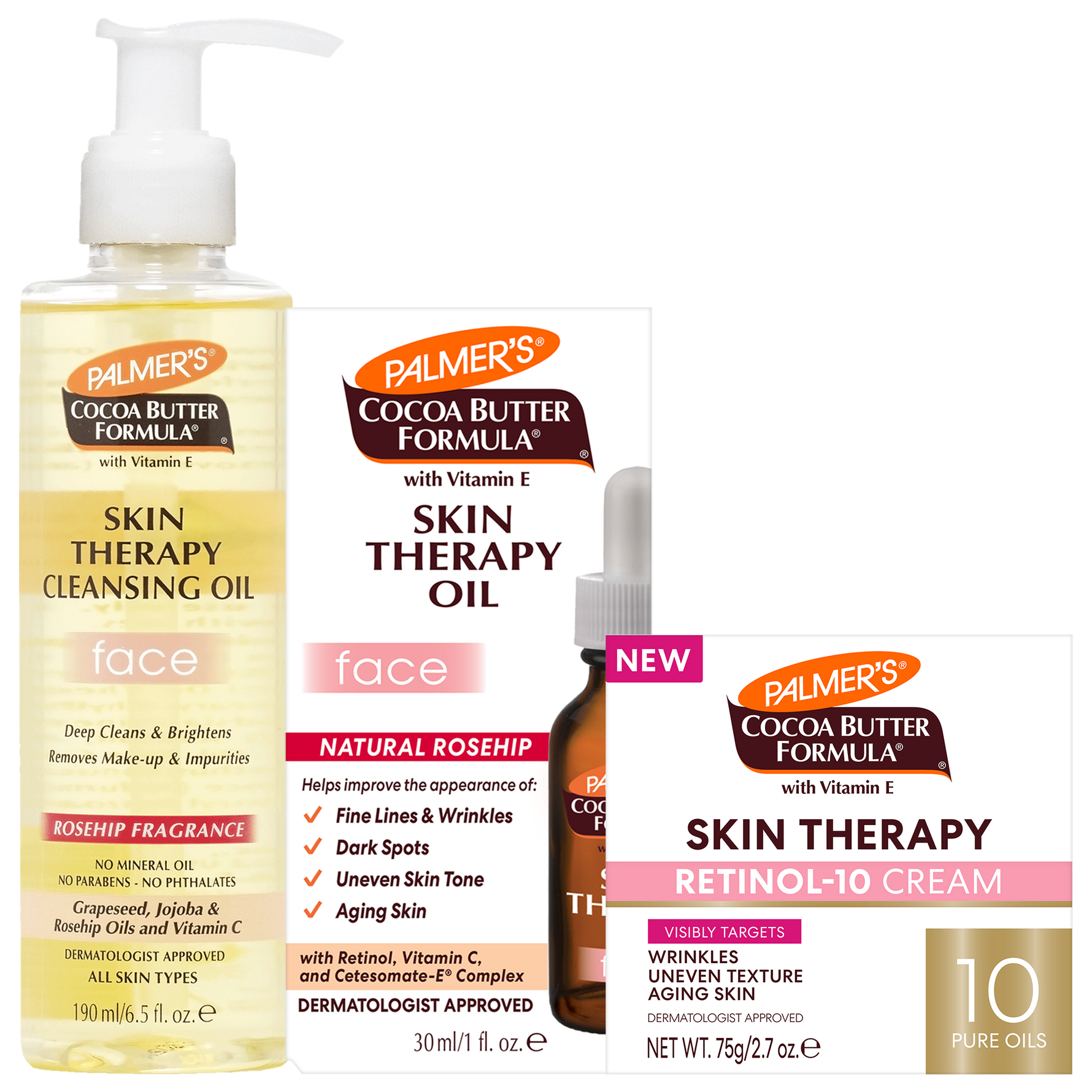 Palmer's Cocoa Butter Formula skincare set featuring a face cleansing oil, a skin therapy facial oil, a retinol-10 cream, all on a white background.