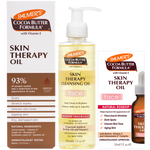 Palmer's Cocoa Butter Formula Skin Therapy Oil set, featuring a 190ml cleansing oil pump bottle, a 30ml facial oil dropper bottle, and 150ml body oil. 