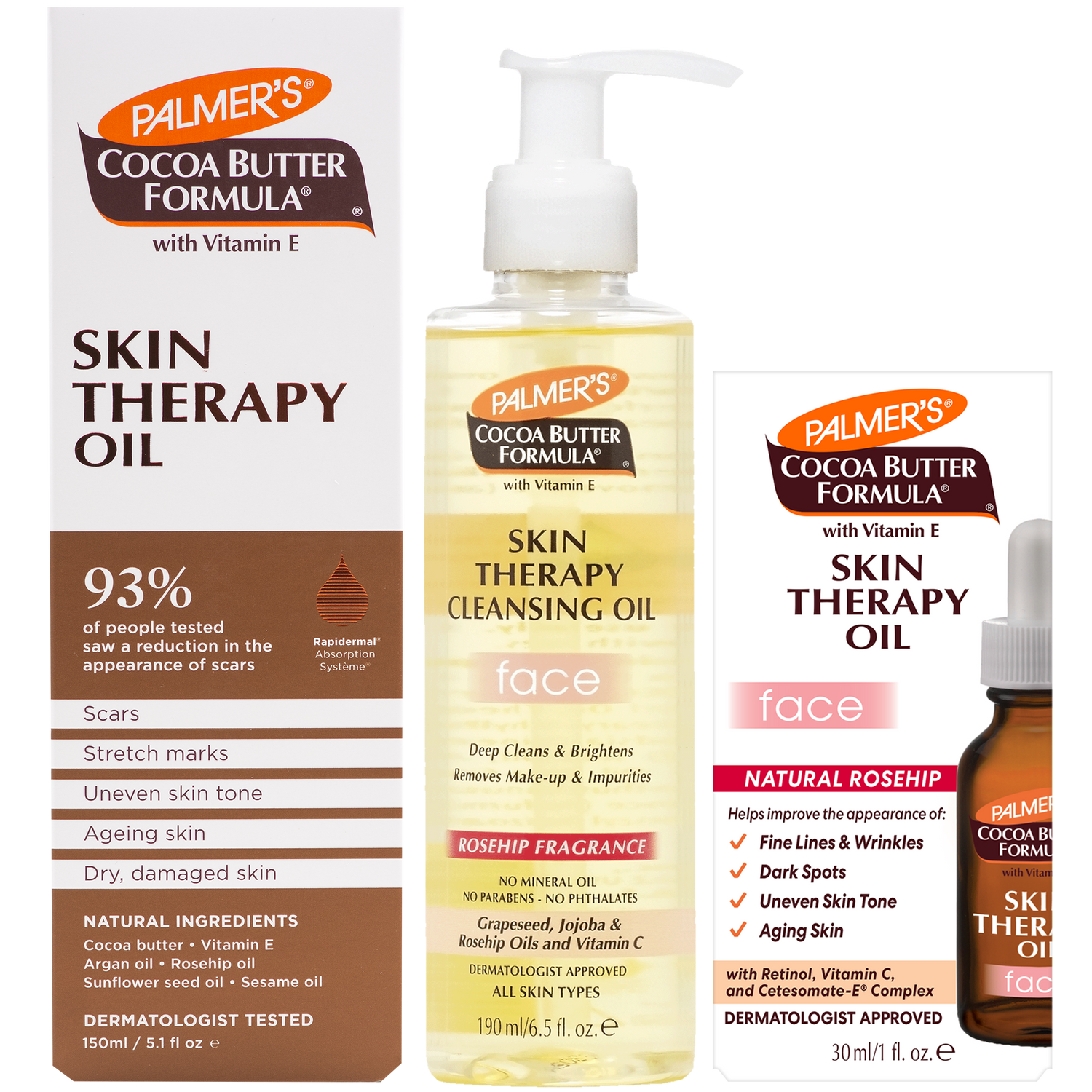 Palmer's Cocoa Butter Formula Skin Therapy Oil set, featuring a 190ml cleansing oil pump bottle, a 30ml facial oil dropper bottle, and 150ml body oil. 