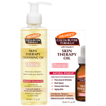 Palmer's Cocoa Butter Formula Skin Therapy Cleansing Oil for face, 150 ml pump bottle shown next to its retail box and a 30 ml dropper bottle on a white background.