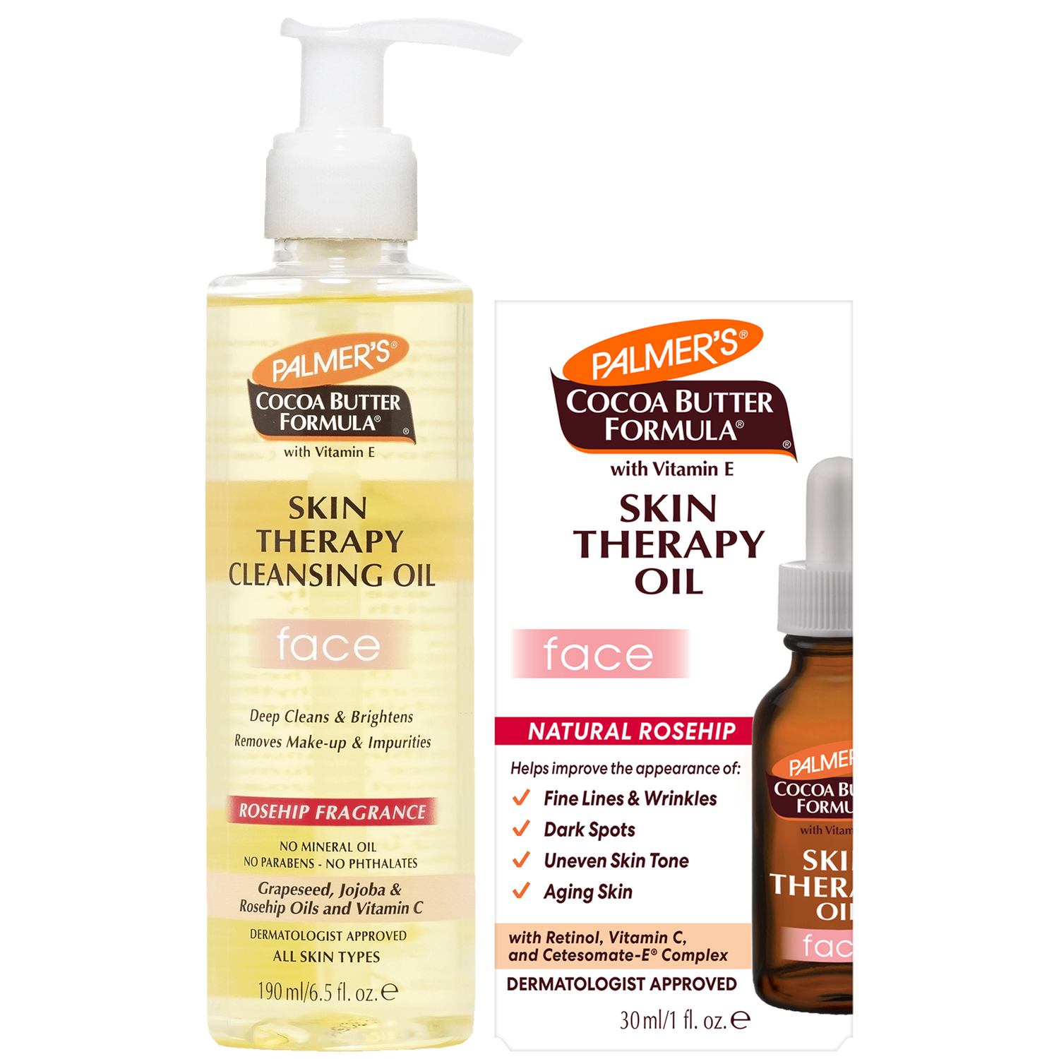 Palmer's Cocoa Butter Formula Skin Therapy Cleansing Oil for face, 150 ml pump bottle shown next to its retail box and a 30 ml dropper bottle on a white background.