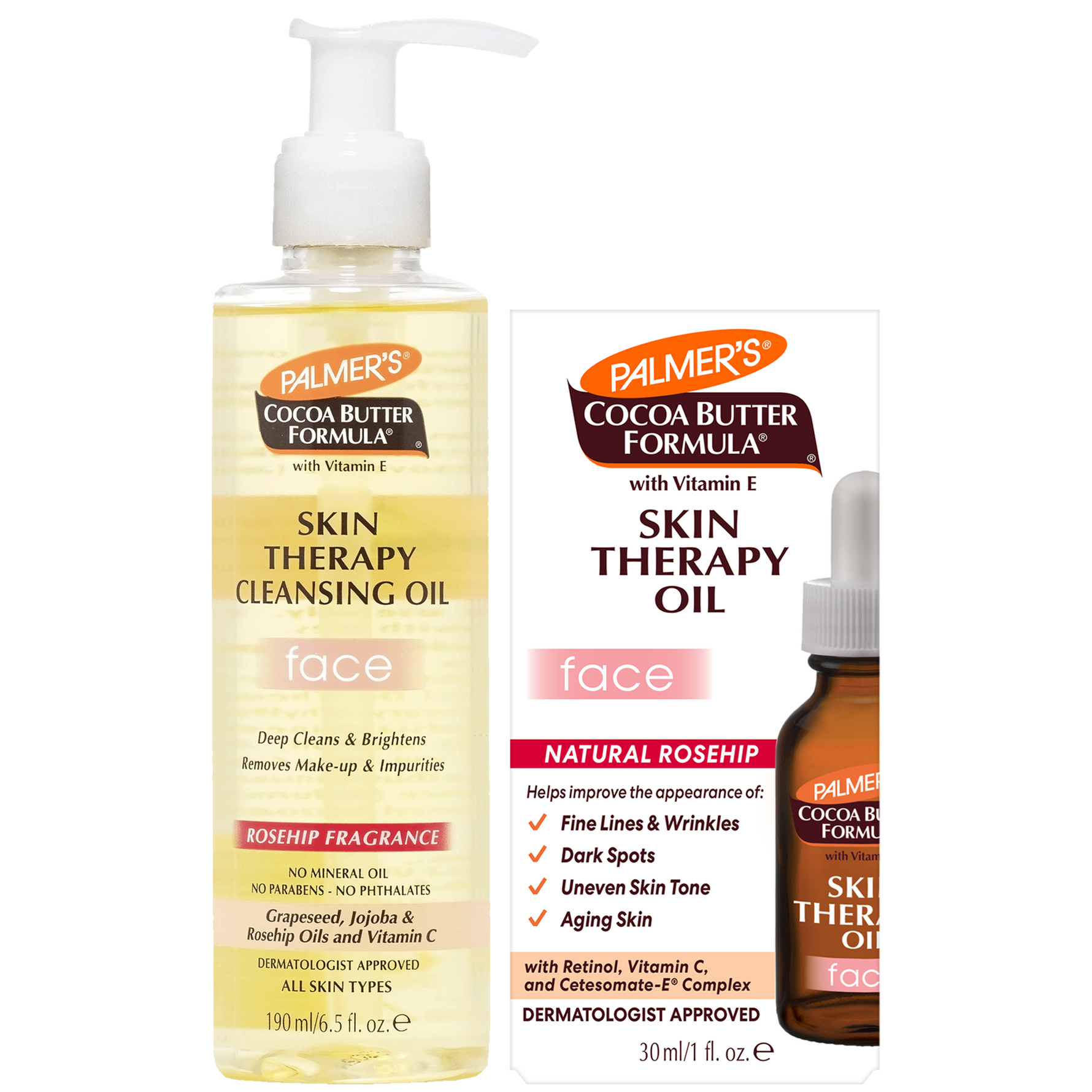 Palmer's Cocoa Butter Formula Skin Therapy Cleansing Oil for face, 150 ml pump bottle shown next to its retail box and a 30 ml dropper bottle on a white background.