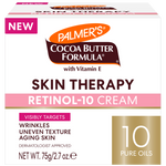 Palmer's Skin Therapy Oil Retinol-10 Cream 75g box highlights NEW, dermatologist-approved formula, targets wrinkles, uneven texture, aging skin with 10 pure oils and Vitamin E.