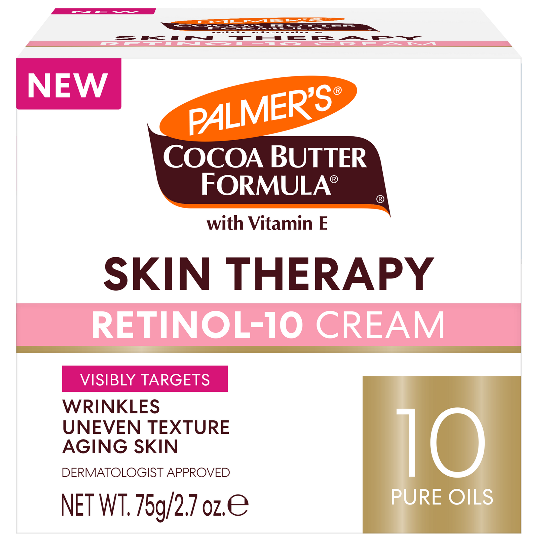 Palmer's Skin Therapy Oil Retinol-10 Cream 75g box highlights NEW, dermatologist-approved formula, targets wrinkles, uneven texture, aging skin with 10 pure oils and Vitamin E.