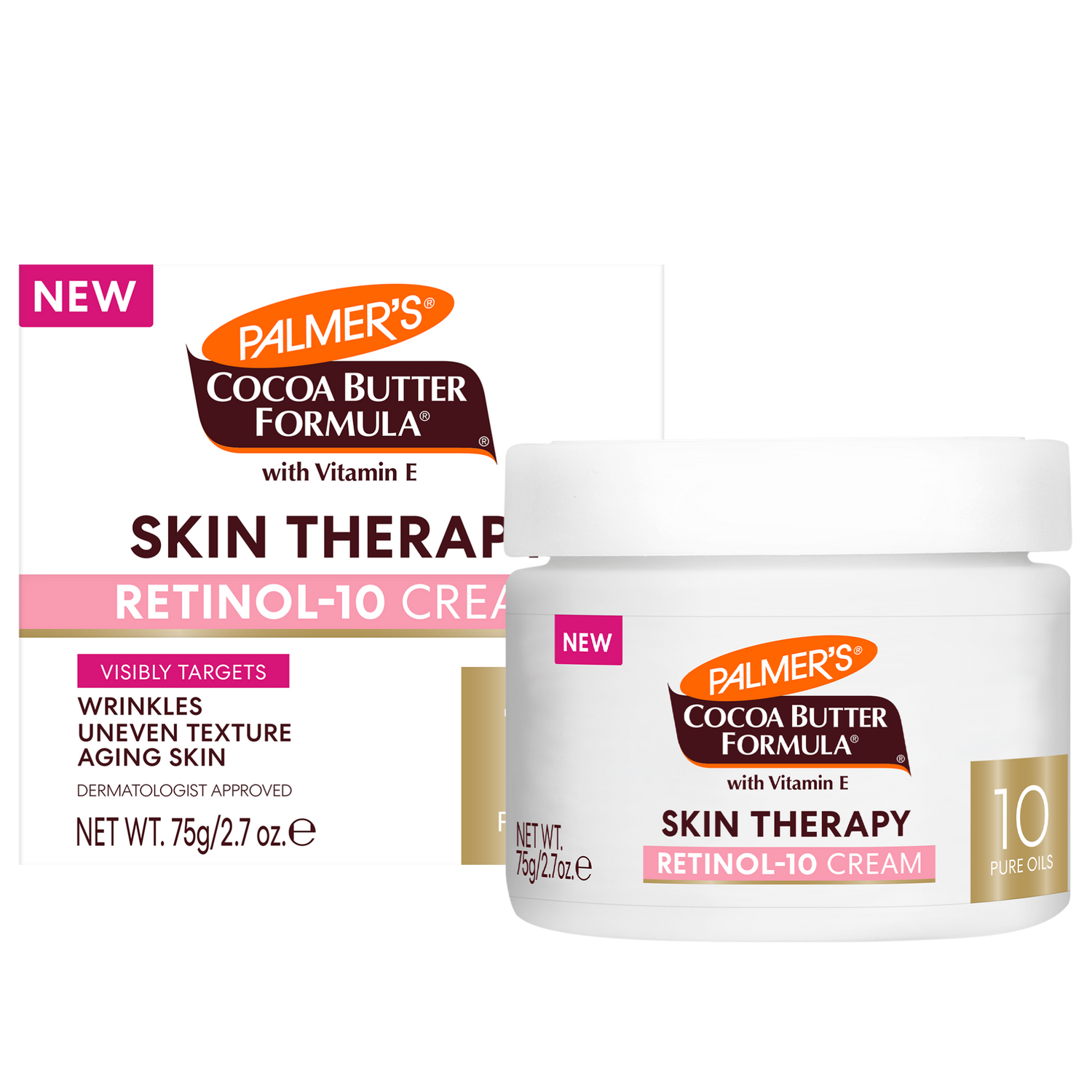 Palmer's Skin Therapy Oil Retinol-10 Cream 75g packaging, highlighting anti-aging benefits, dermatologist approval, and features like Visibly Targets Wrinkles and 10 Pure Oils.
