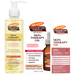 Palmer's Cocoa Butter Formula Skin Therapy Cleansing Oil and Rosehip Scent Skin Therapy Oil set, featuring a 150ml cleansing oil bottle, a 30ml dropper oil bottle, and two product boxes on a white background.