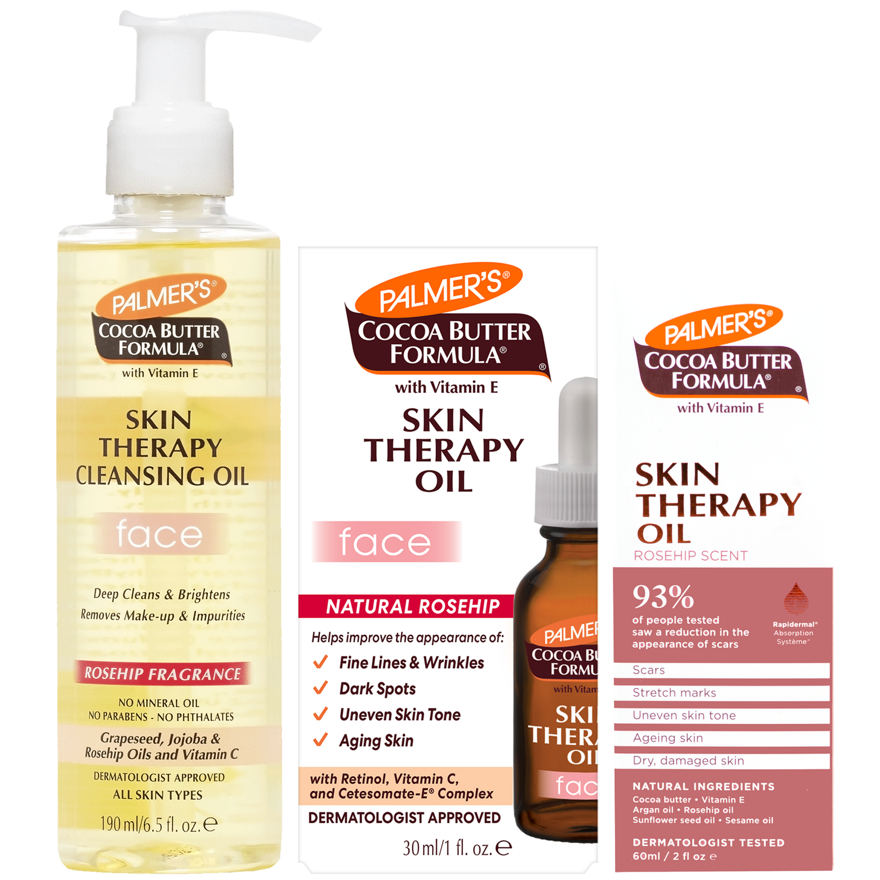 Palmer's Cocoa Butter Formula Skin Therapy Cleansing Oil and Rosehip Scent Skin Therapy Oil set, featuring a 150ml cleansing oil bottle, a 30ml dropper oil bottle, and two product boxes on a white background.