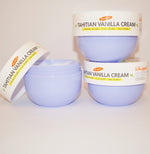 Three containers of Tahitian Vanilla Cream on a white background