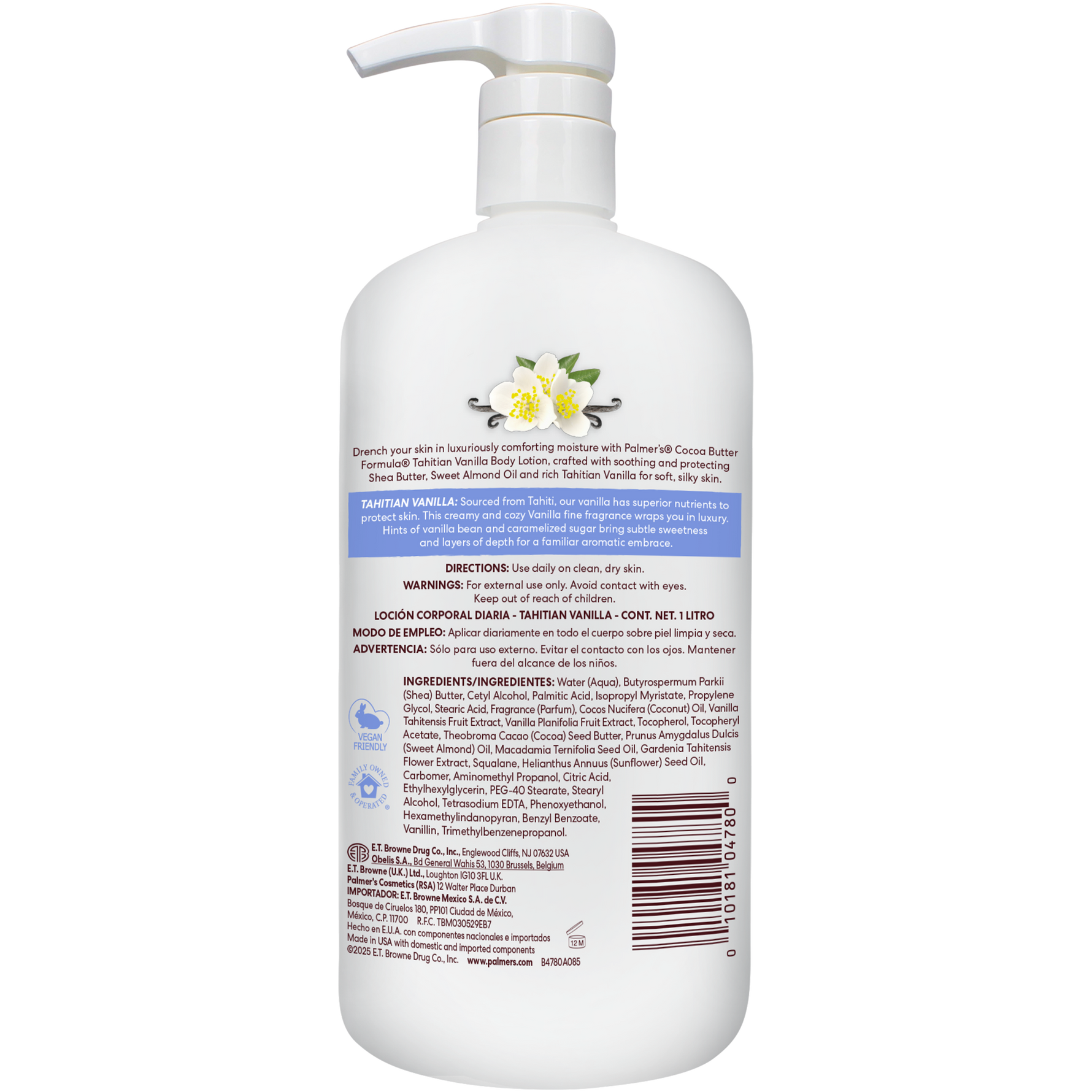 Palmer's Tahitian Vanilla 1L value pack back of bottle with ingredients listed