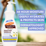 Palmer's Cocoa Butter Formula Tahitian Vanilla body lotion with text on a blurred natural background