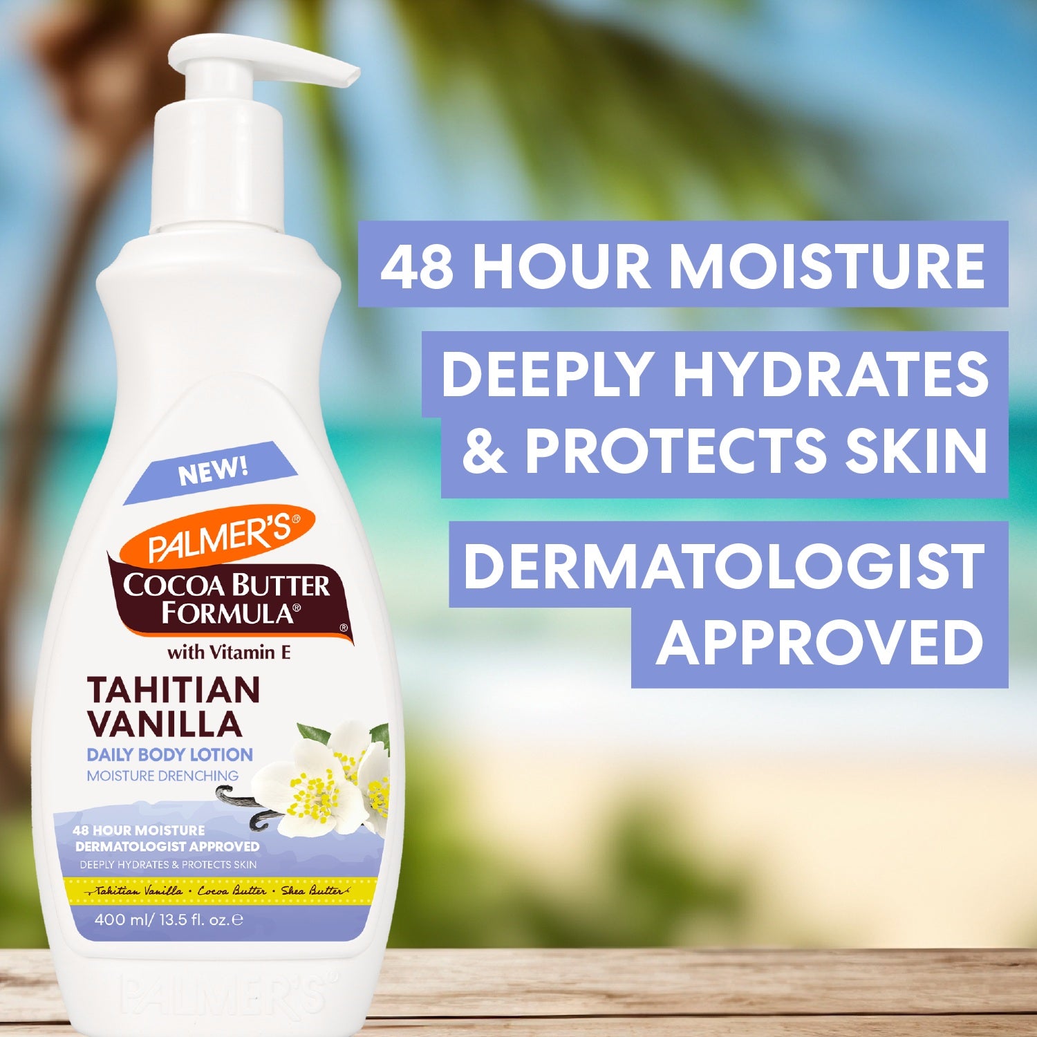 Palmer's Cocoa Butter Formula Tahitian Vanilla body lotion with text on a blurred natural background