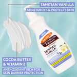 Palmer's Cocoa Butter Formula Tahitian Vanilla lotion bottle with application on a light blue background