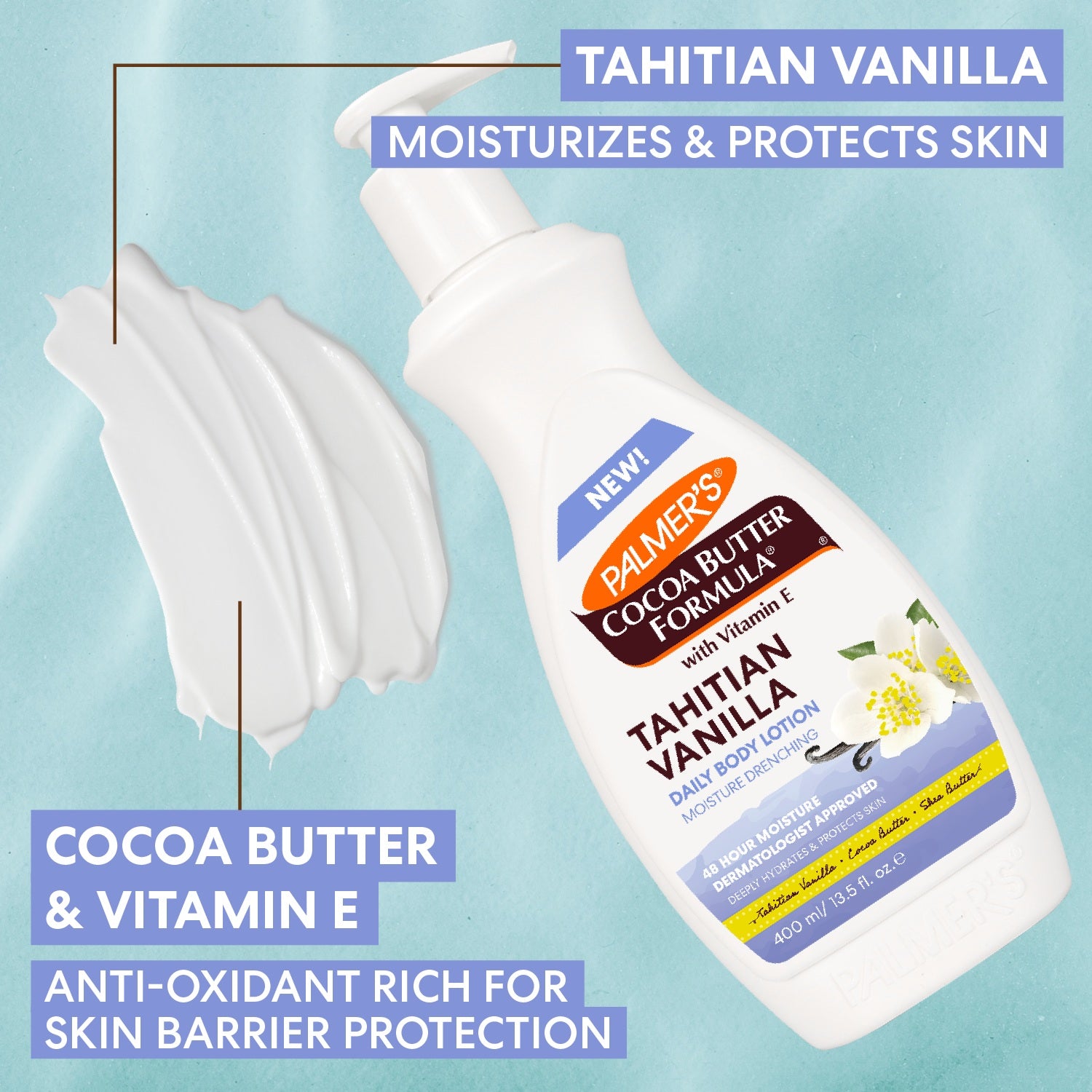  Palmer's Cocoa Butter Formula Tahitian Vanilla lotion bottle with application on a light blue background