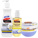 A Palmer's Cocoa Butter Formula body care set featuring a large white pump bottle of Tahitian Vanilla Daily Body Lotion, a yellow pump bottle of Tahitian Vanilla Moisture Drenching Body Oil, and a lavender-blue tub of Tahitian Vanilla Cream, all on a white background.