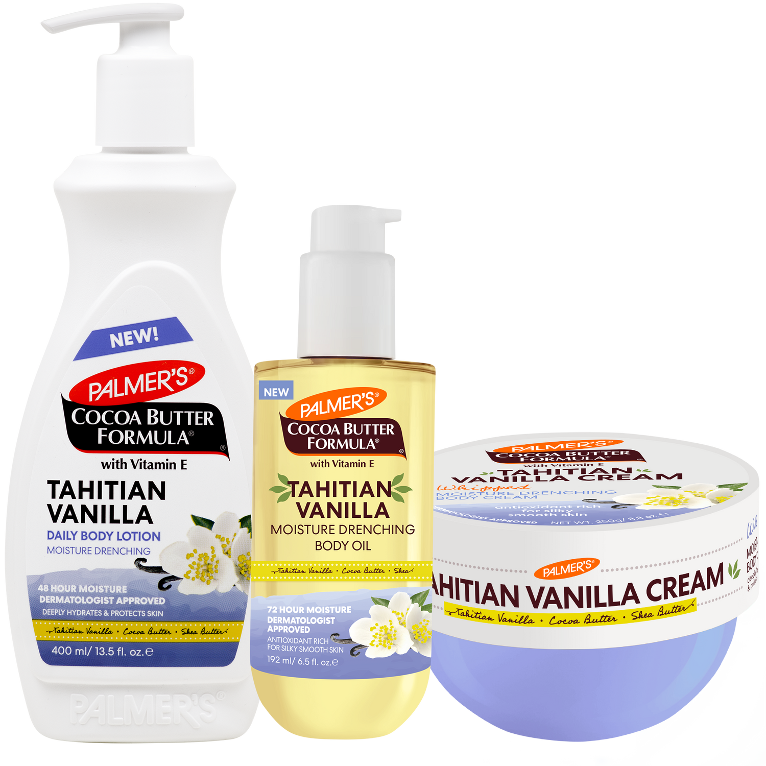 A Palmer's Cocoa Butter Formula body care set featuring a large white pump bottle of Tahitian Vanilla Daily Body Lotion, a yellow pump bottle of Tahitian Vanilla Moisture Drenching Body Oil, and a lavender-blue tub of Tahitian Vanilla Cream, all on a white background.