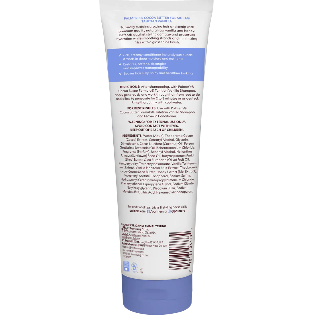 The back of a Palmer's Cocoa Butter Formula Tahitian Vanilla Conditioner 
tube, showing the product instructions, ingredients, and a barcode on a white background.