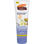 A tube of Palmer's Cocoa Butter Formula Tahitian Vanilla Conditioner, featuring white and lavender packaging with illustrations of vanilla flowers and a honeycomb.