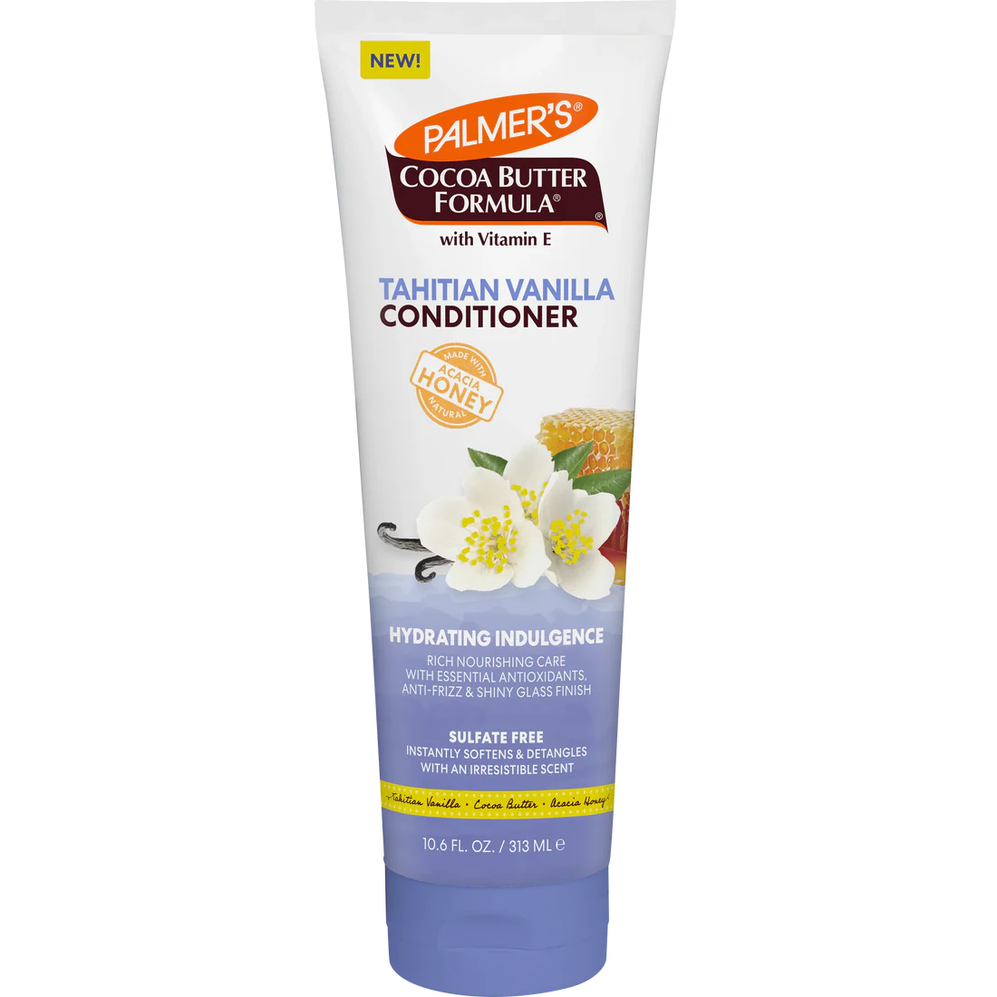 A tube of Palmer's Cocoa Butter Formula Tahitian Vanilla Conditioner, featuring white and lavender packaging with illustrations of vanilla flowers and a honeycomb.