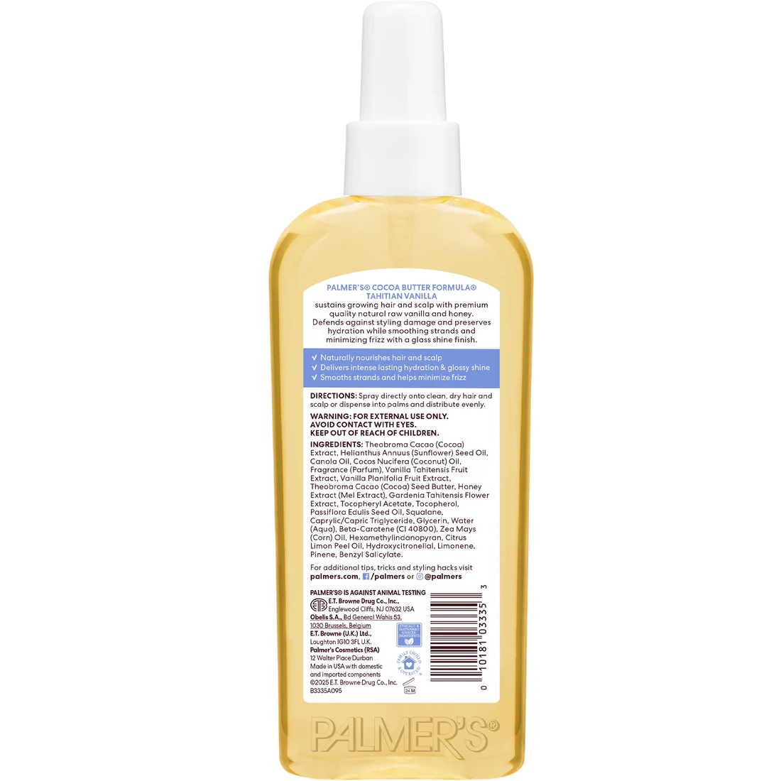 Back view of a bottle of Palmer's Cocoa Butter Formula Hair & Scalp Oil in Tahitian Vanilla, showing the detailed product instructions and ingredients on the label.