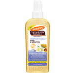 A bottle of Palmer's Cocoa Butter Formula Hair & Scalp Oil in Tahitian Vanilla scent, filled with a golden yellow liquid, featuring a white cap and a detailed label with honey and vanilla flower illustrations.