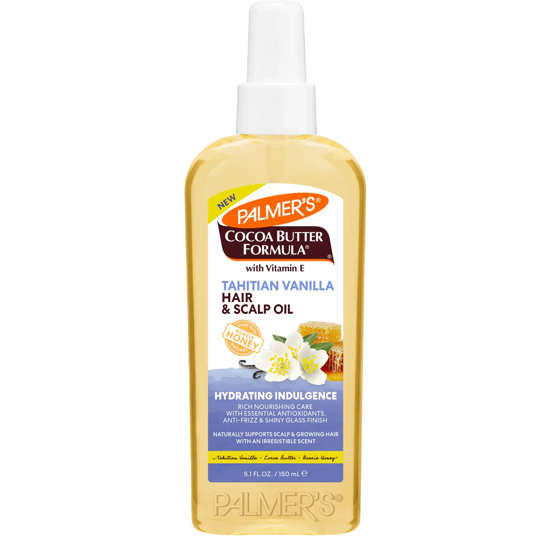 A bottle of Palmer's Cocoa Butter Formula Hair & Scalp Oil in Tahitian Vanilla scent, filled with a golden yellow liquid, featuring a white cap and a detailed label with honey and vanilla flower illustrations.
