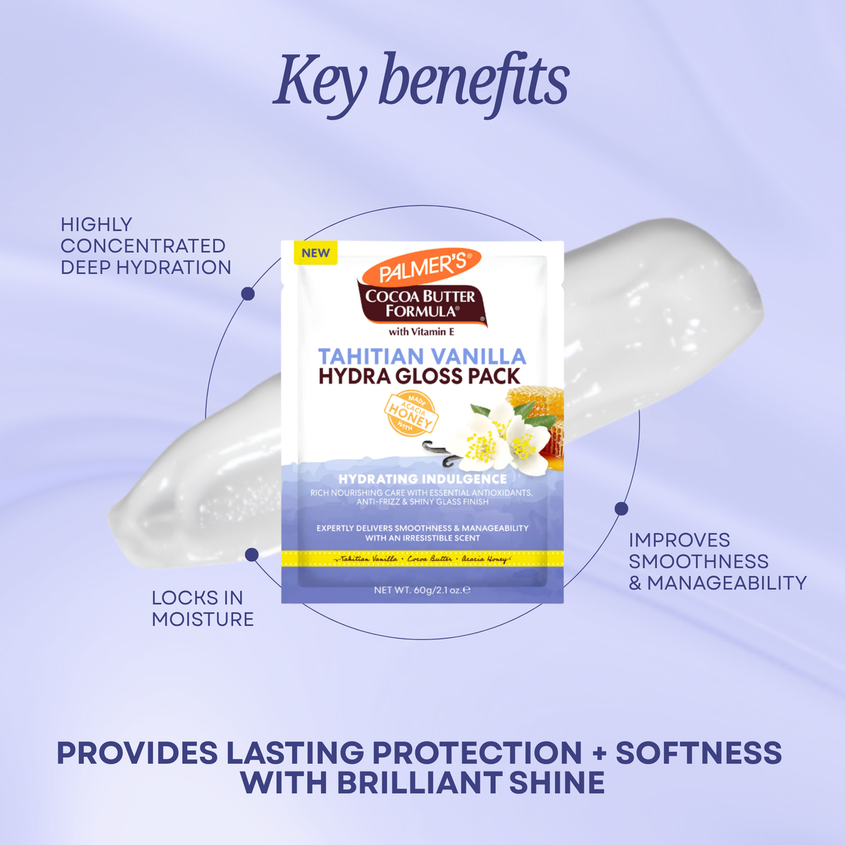 A promotional graphic for Palmer's Color Butter Formula Tahitian Vanilla Hydra Gloss Pack, showing the product box centered over a translucent white gloss smear on a light lavender background. Text highlights key benefits such as deep hydration, moisture locking, smoothness, and shine.