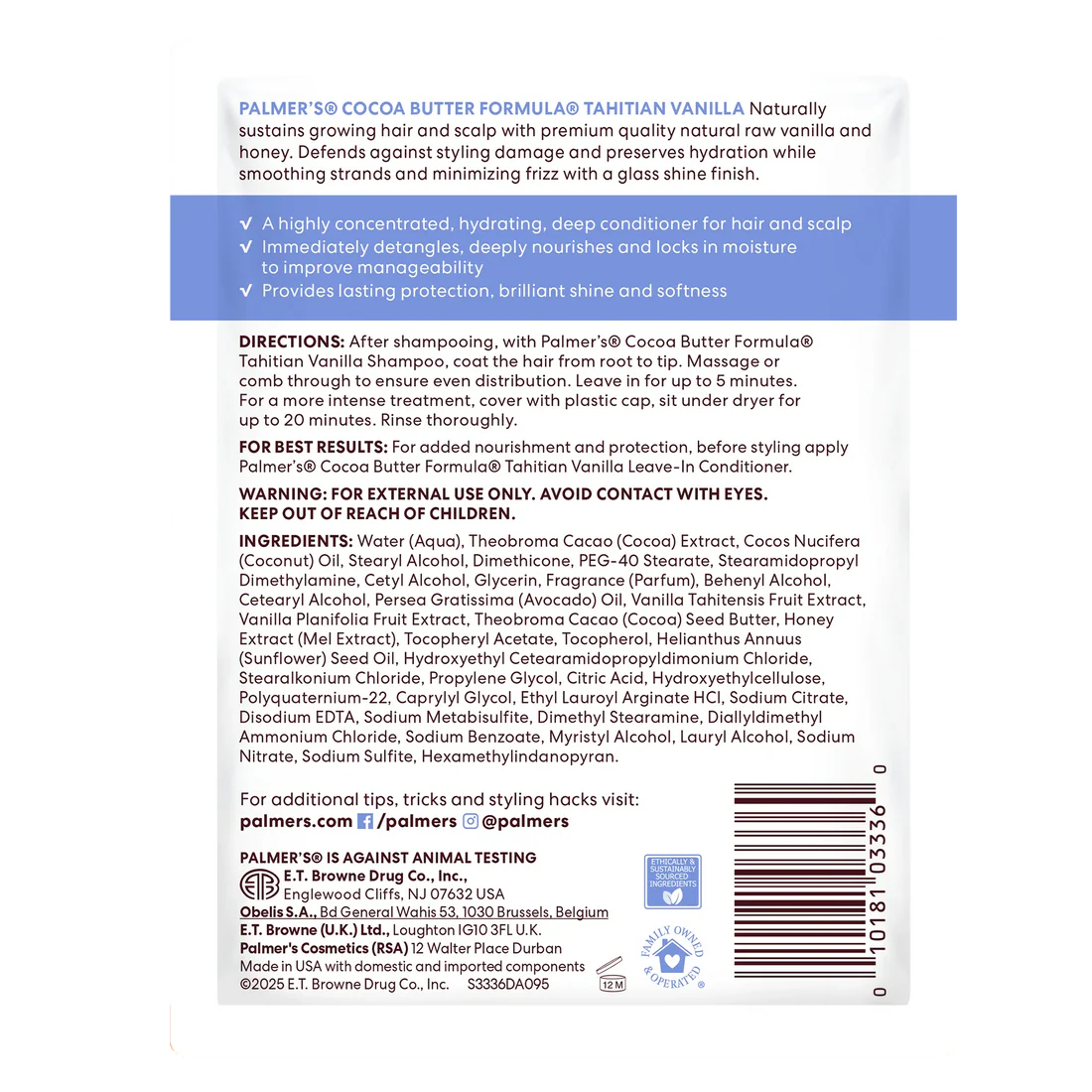 A white rectangular product box for Palmer's Cocoa Butter Formula Tahitian Vanilla Hydra Gloss Pack. 