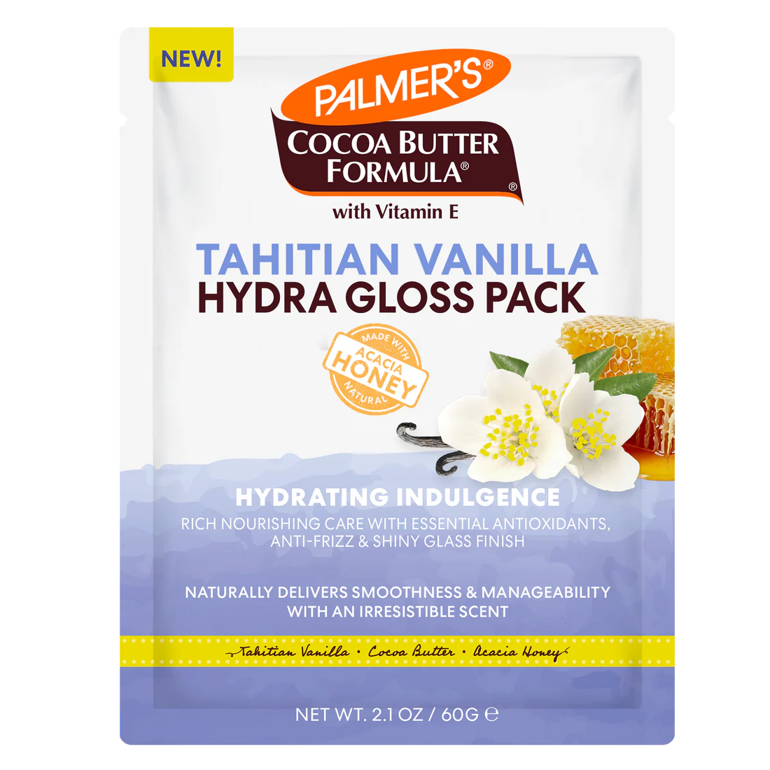 A single sachet of Palmer's Cocoa Butter Formula with Vitamin E Tahitian Vanilla Hydra Gloss Pack, featuring white, blue, and purple graphics with vanilla flower illustrations and a honeycomb graphic.