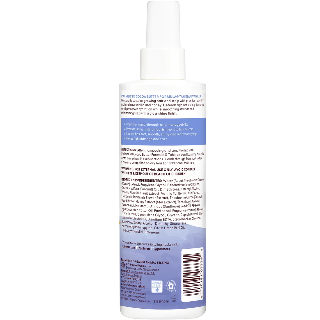 A bottle of Palmer's Cocoa Butter Formula Tahitian Vanilla Leave-In Conditioner product shown from the back, featuring a white cap and a label with blue and purple text and graphics on a plain white background.