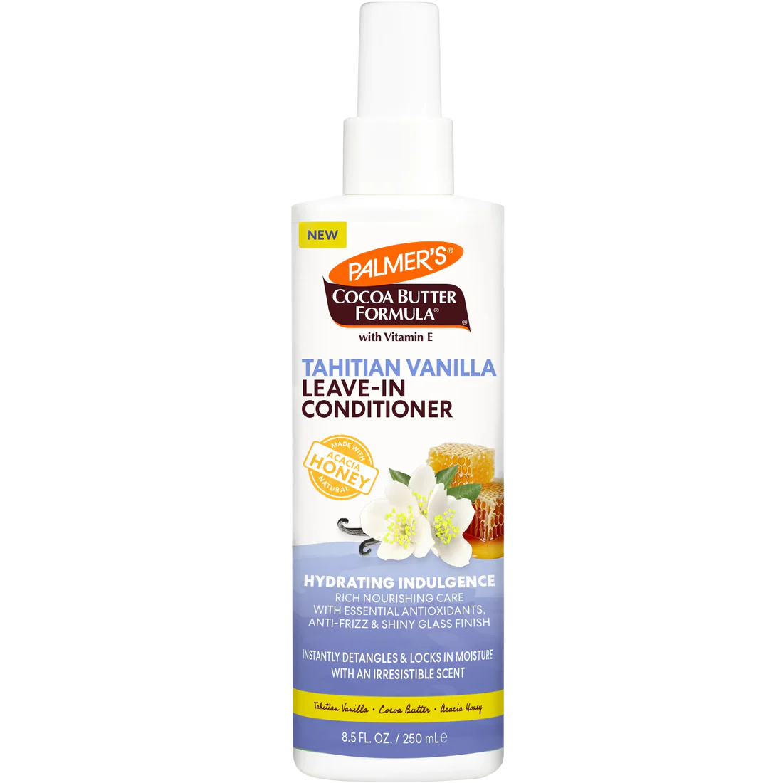A bottle of Palmer's Cocoa Butter Formula Leave-In Conditioner in Tahitian Vanilla scent, featuring a white bottle with a spray top, a blue and yellow label, and illustrations of vanilla flowers and honeycomb.