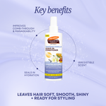 A bottle of Palmer's Cocoa Butter Formula Leave-In Conditioner in Tahitian Vanilla, centered on a light lavender-blue background with marketing text and benefit callouts around it.
