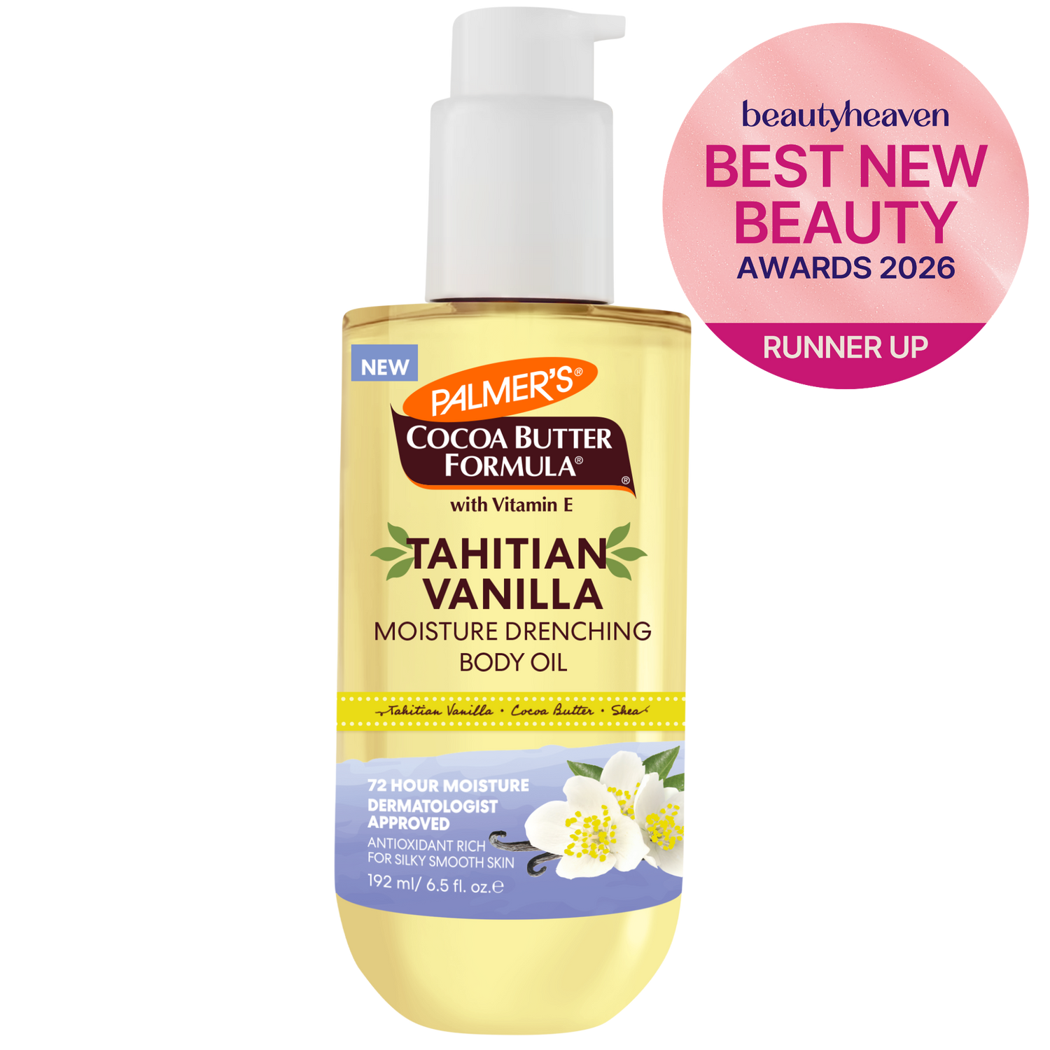 Palmer's Cocoa Butter Formula Tahitian Vanilla body oil bottle with a 'Best New Beauty Awards 2026' badge on a white background.