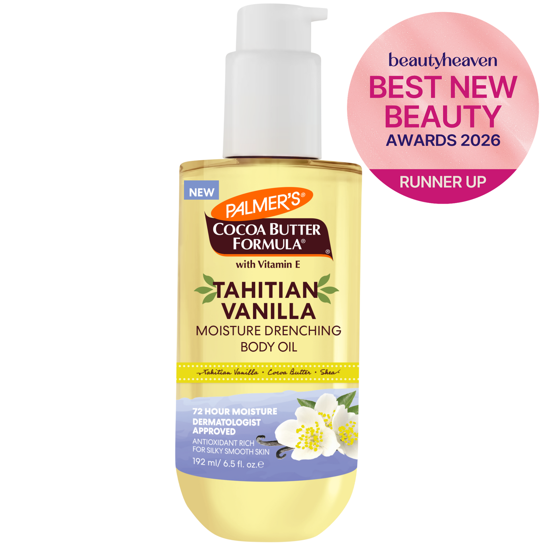 Palmer's Cocoa Butter Formula Tahitian Vanilla body oil bottle with a 'Best New Beauty Awards 2026' badge on a white background.