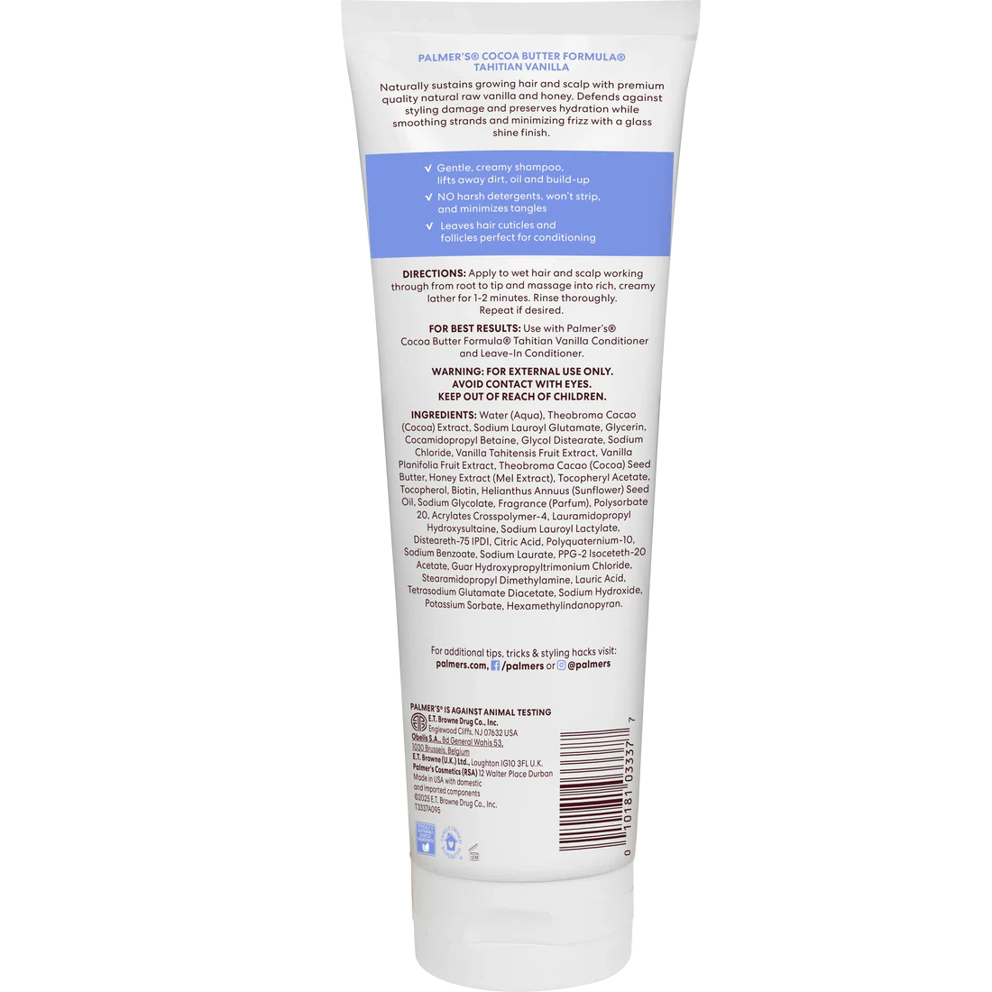 Back view of a white tube of Palmer's Cocoa Butter Formula Tahitian Vanilla Shampoo, showing the product instructions, ingredients, and barcode on a white background.