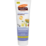 A tube of Palmer's Cocoa Butter Formula Tahitian Vanilla Shampoo, featuring white, purple, and orange packaging with illustrations of vanilla flowers and a honeycomb.