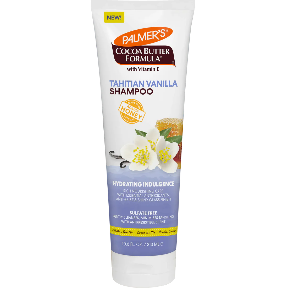 A tube of Palmer's Cocoa Butter Formula Tahitian Vanilla Shampoo, featuring white, purple, and orange packaging with illustrations of vanilla flowers and a honeycomb.