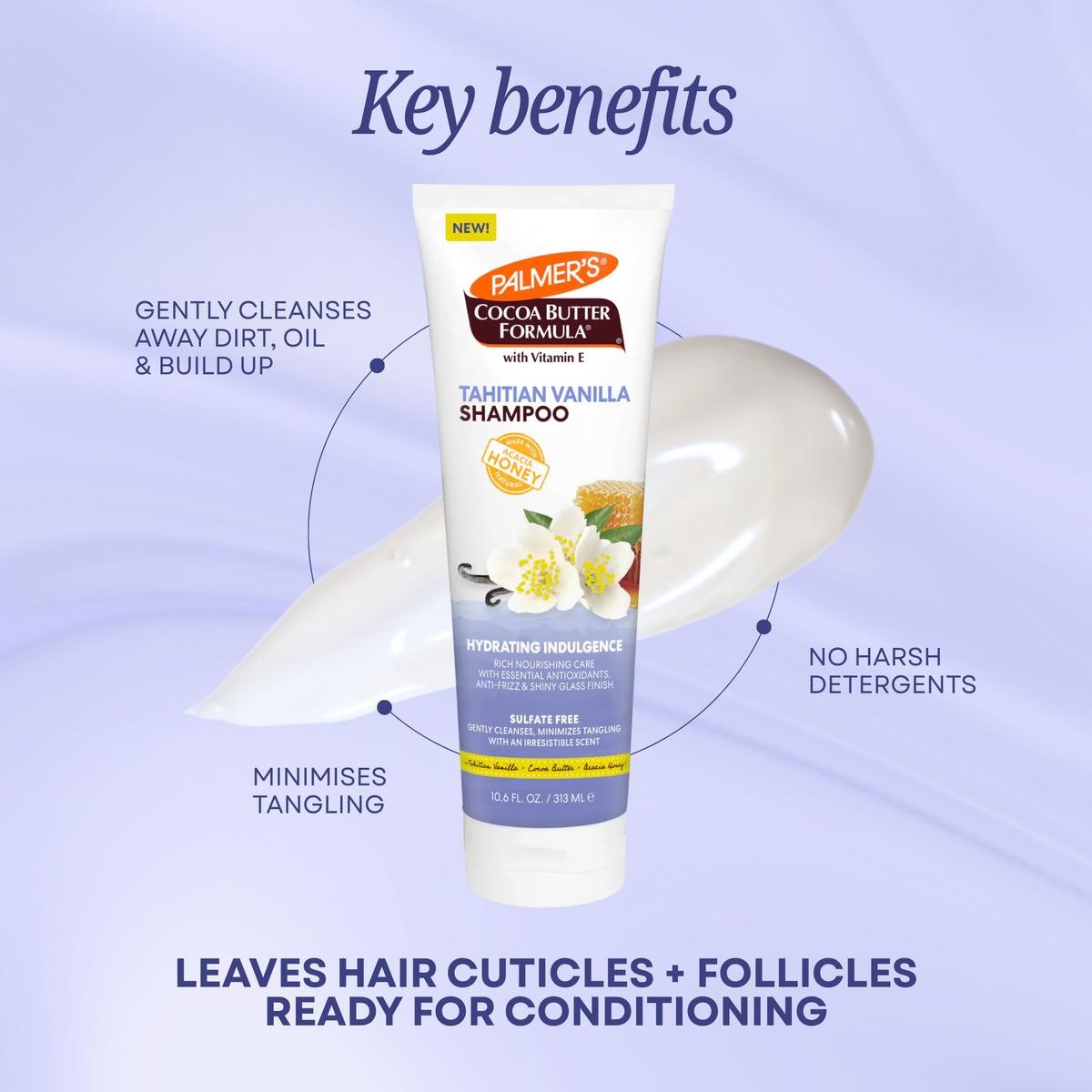 A promotional graphic for Palmer's Cocoa Butter Tahitian Vanilla shampoo. The white squeeze tube is centered against a light lavender background with a swatch of creamy shampoo behind it.