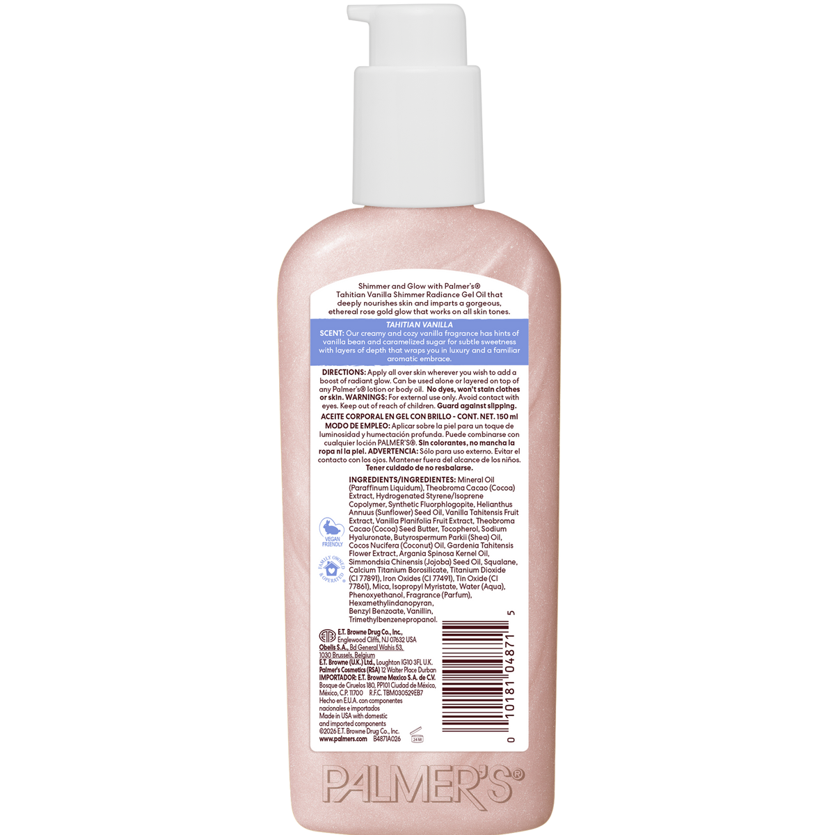 This is a picture of the back of Palmer's Tahitian Vanilla Shimmer Radiance Gel Oil, showing ingredient listing and other information 