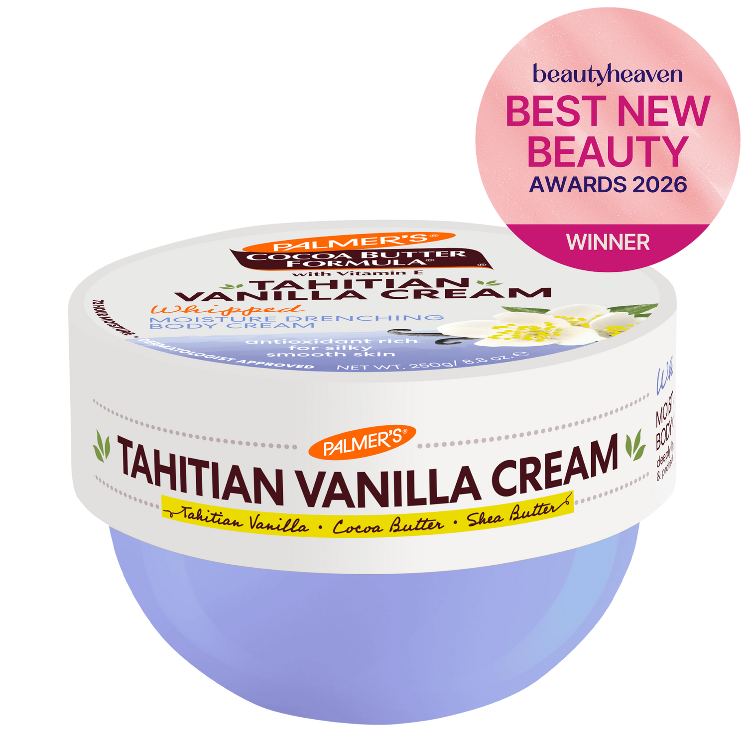 Palmer's Tahitian Vanilla Cream jar with 'Best New Beauty Awards 2026' badge on a white background
