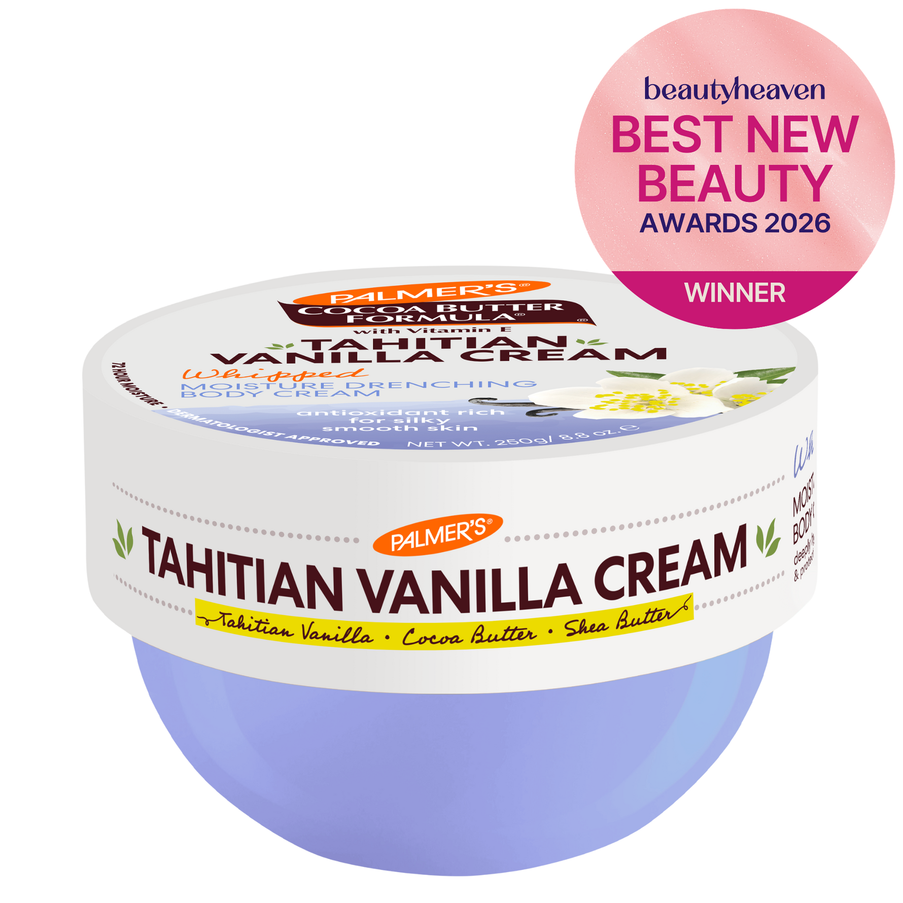 Palmer's Tahitian Vanilla Cream jar with 'Best New Beauty Awards 2026' badge on a white background