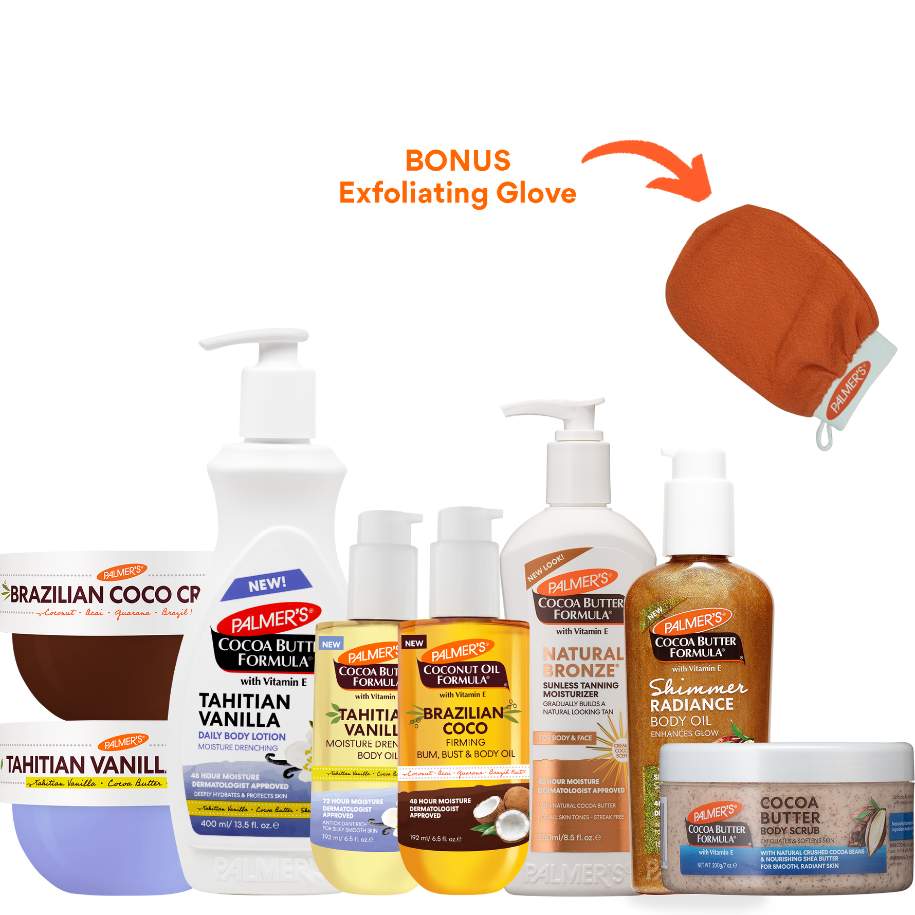 Palmer's Ultimate Glow Bundle products shown next to each other, with BONUS exfoliating glove in orange