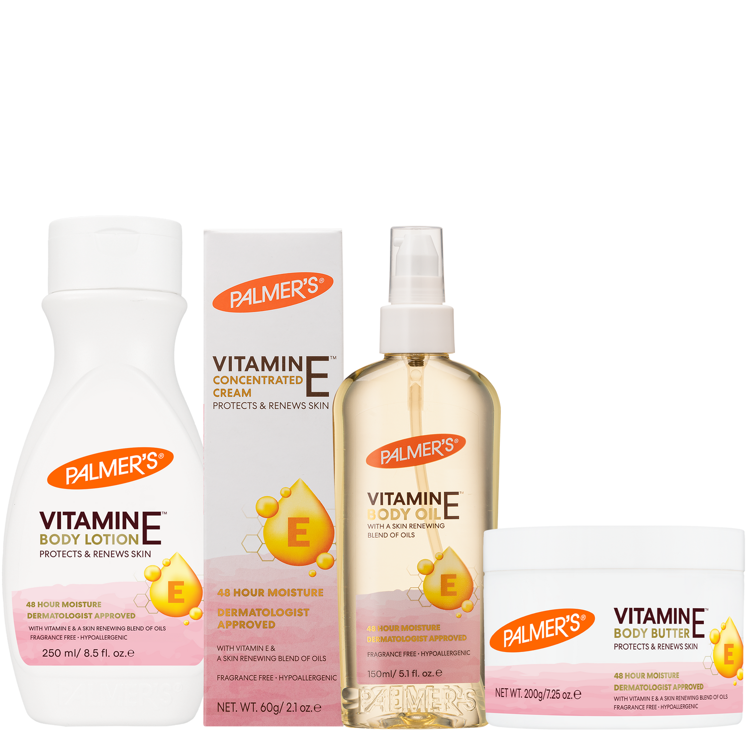 A Palmer's Vitamin E Body Care set featuring a white body lotion bottle, a concentrated vitamin E cream box, a vitamin E body oil spray bottle, and a body butter jar, all on a plain white background.