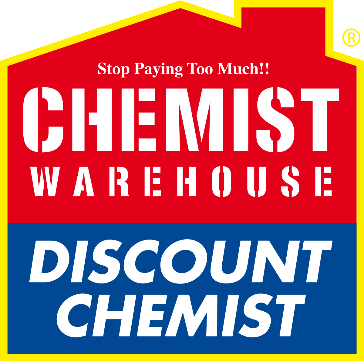 Chemist Warehouse Discount Chemist logo in red and blue. Text reads - Stop Paying Too Much!!