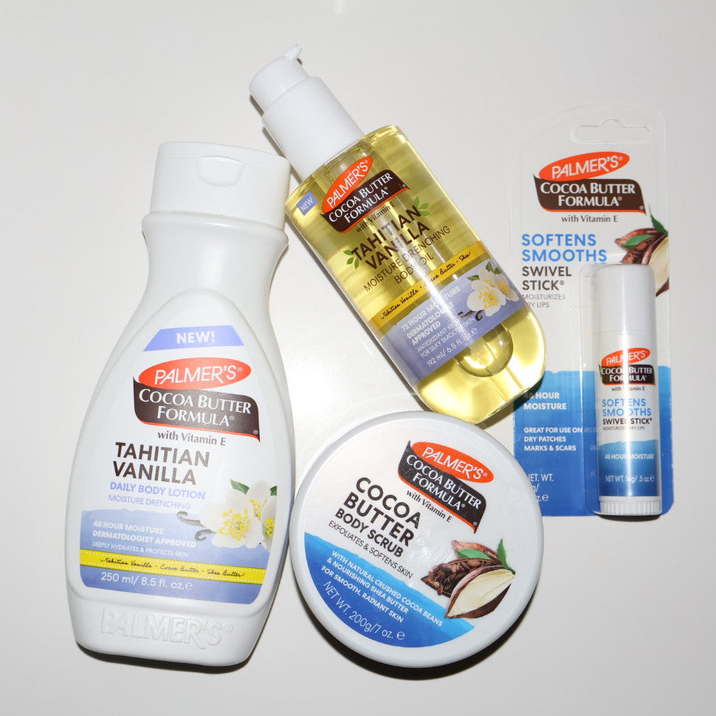 Collection of Palmers Cocoa Butter Formula products on a white surface