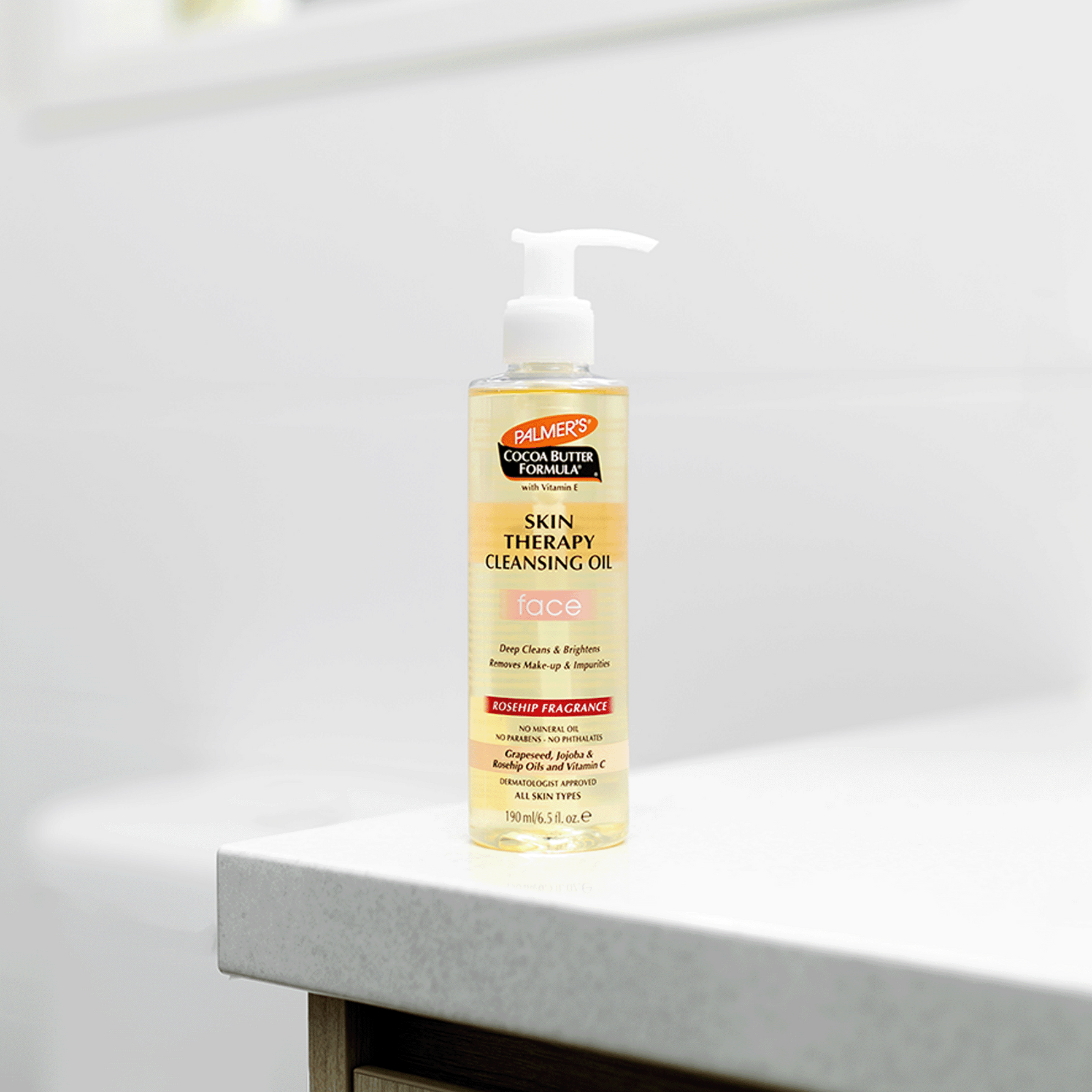Bottle of Palmers Skin Therapy Cleansing Oil on a white surface