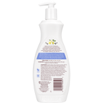 Back view of a white bottle with a pump, displaying text and a barcode on a white background.