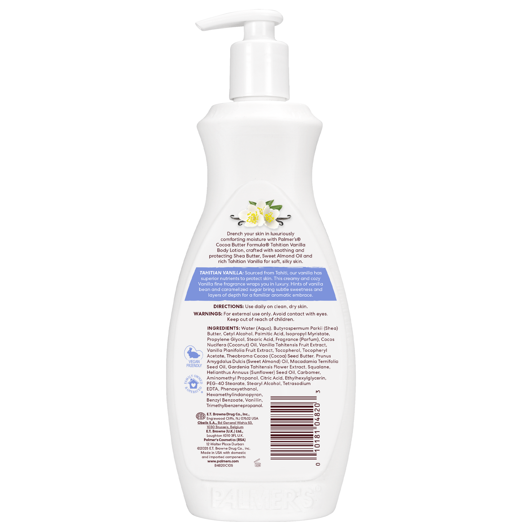 Back view of a white bottle with a pump, displaying text and a barcode on a white background.