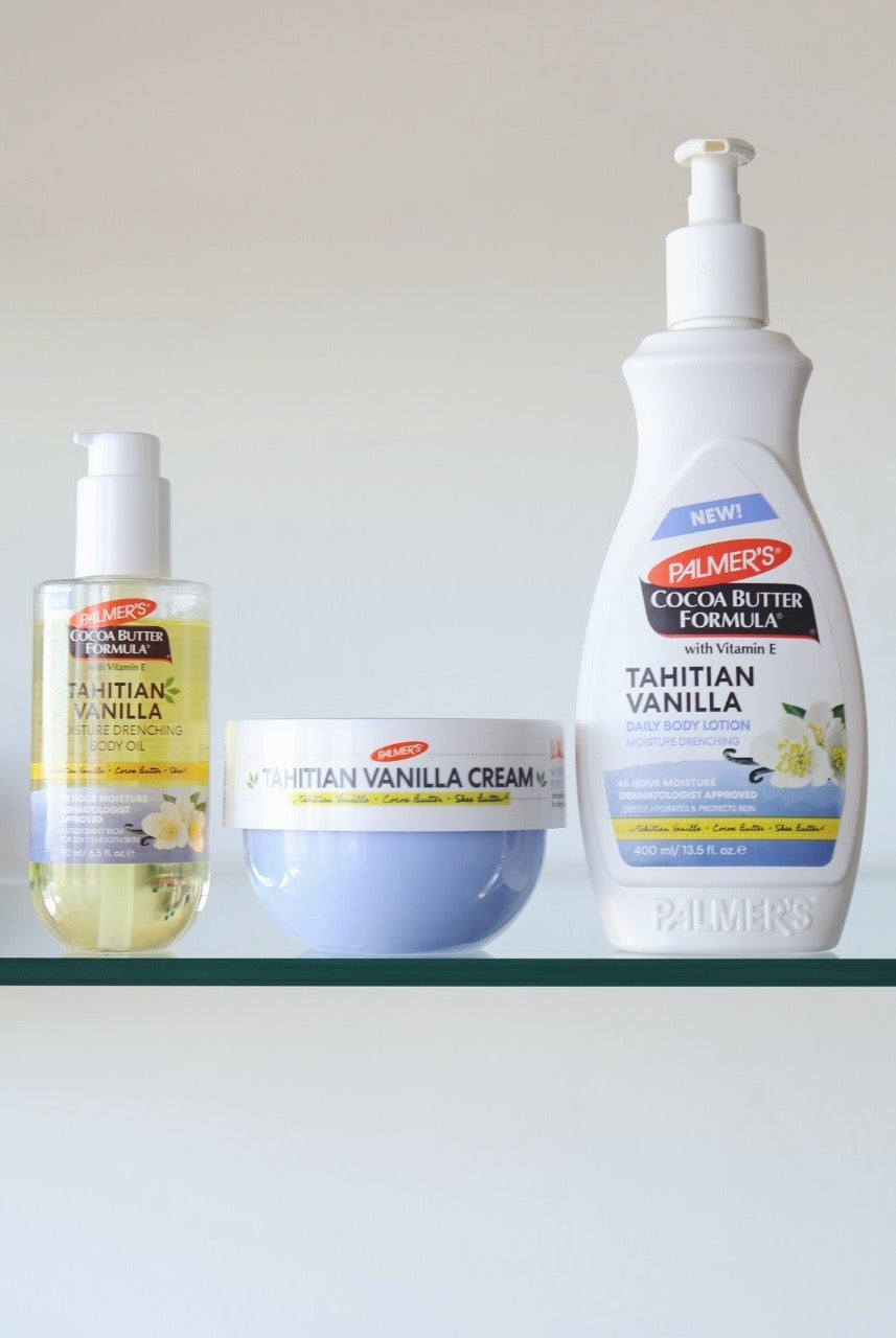 Palmer's Tahitian Vanilla skincare products on a shelf