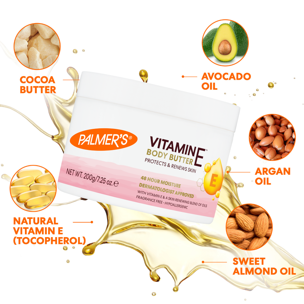Palmer's Vitamine E body butter with ingredients listed on a white background